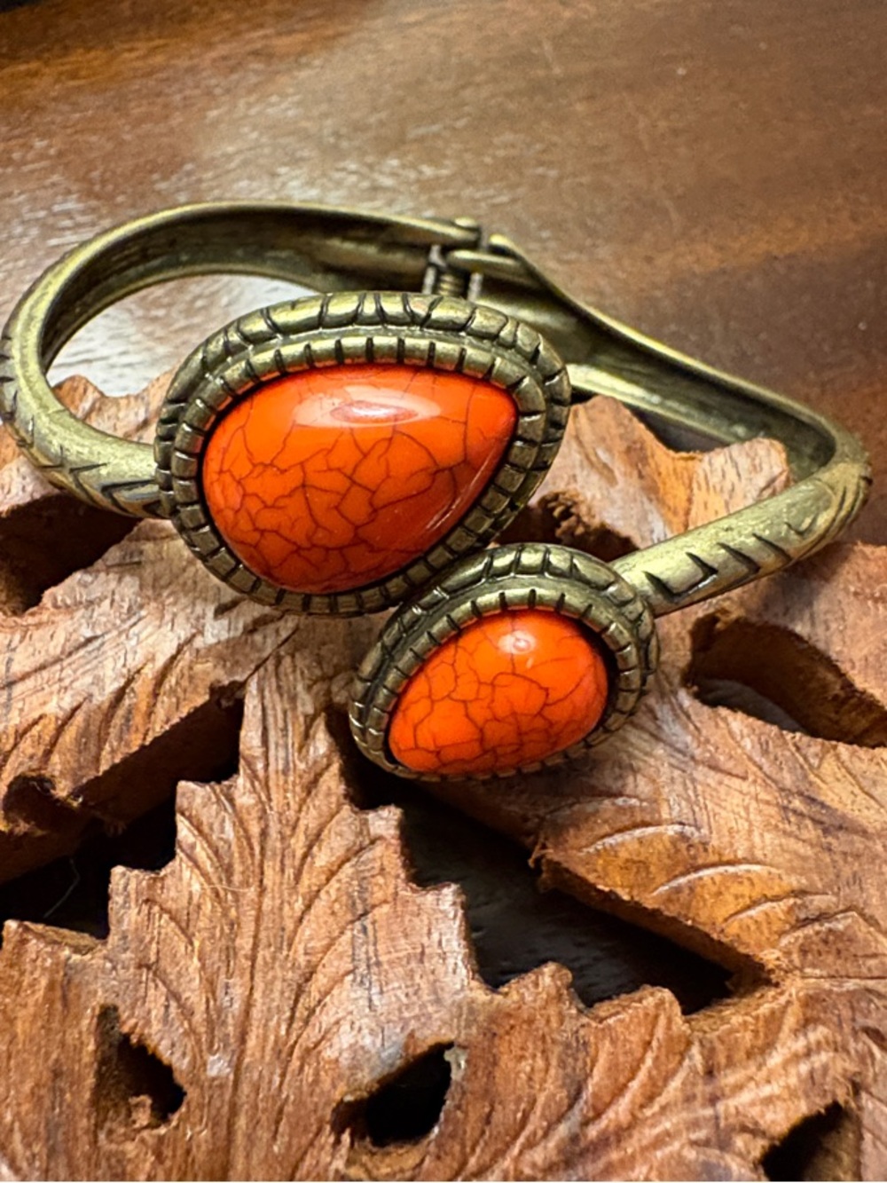 Orange cabochon Brass hinged Cuff Bracelet